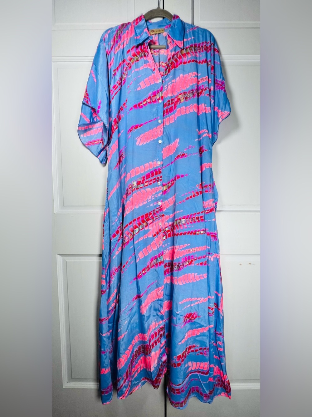 Mandalay Vintage Silk Blend Button-Front Blue/Pink Print Maxi Dress Pockets O/S